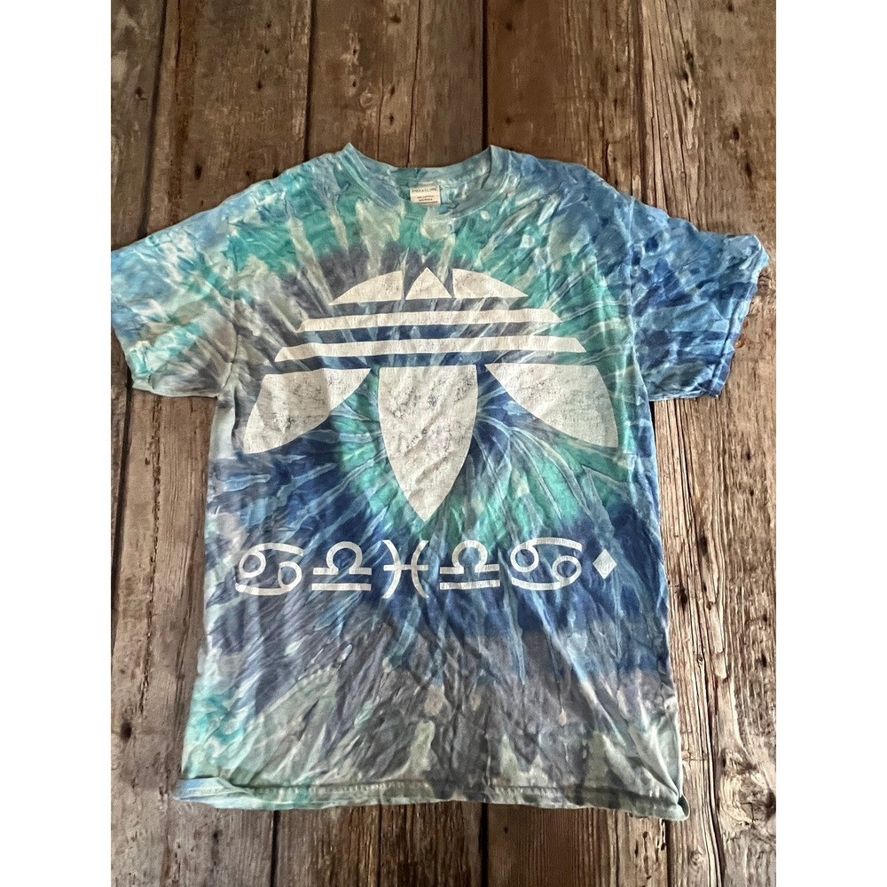 Pizzaslime Tie Dye Graphic T-Shirt Blue Teal Zodiac Symbols Mens Medium
